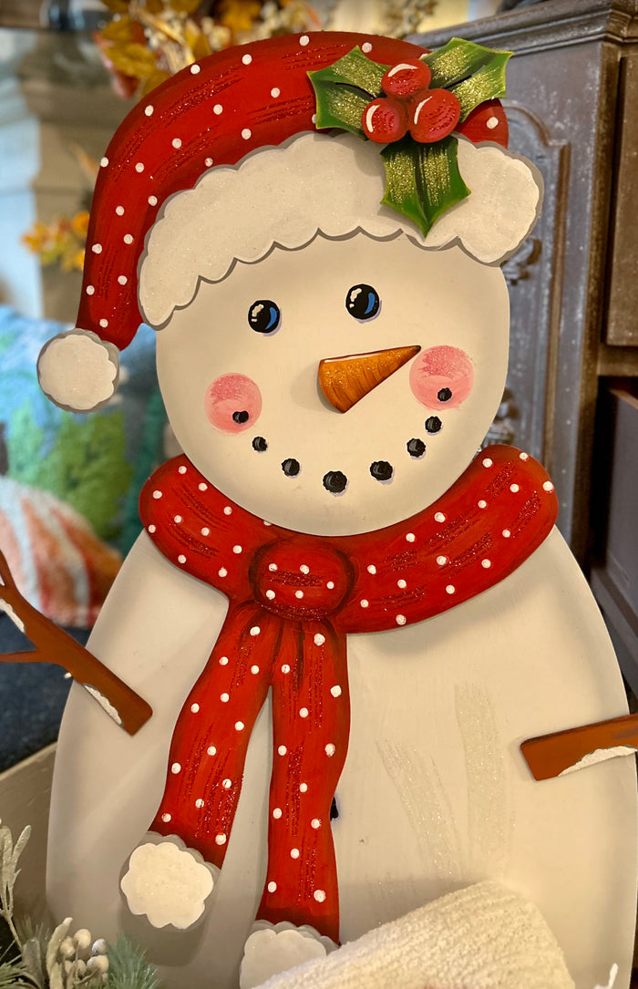 White Metal Snowman in Red & White Polka Dot Hat & Scarf with attached Easel Christmas