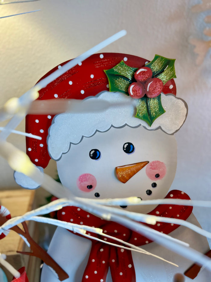 White Metal Snowman in Red & White Polka Dot Hat & Scarf with attached Easel Christmas