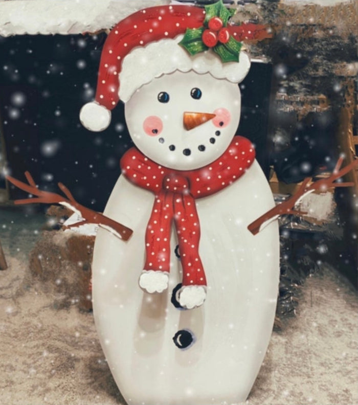 White Metal Snowman in Red & White Polka Dot Hat & Scarf with attached Easel Christmas
