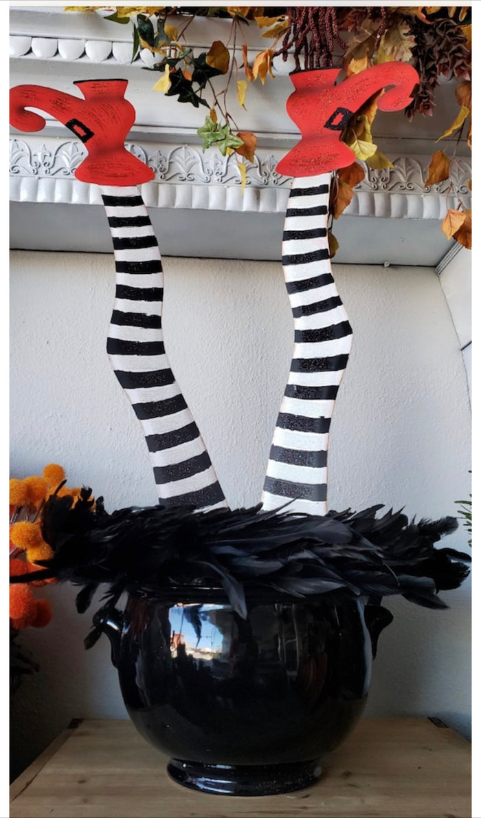 Witches Striped Black & White Metal Legs with Red Shoes Sign with Stake