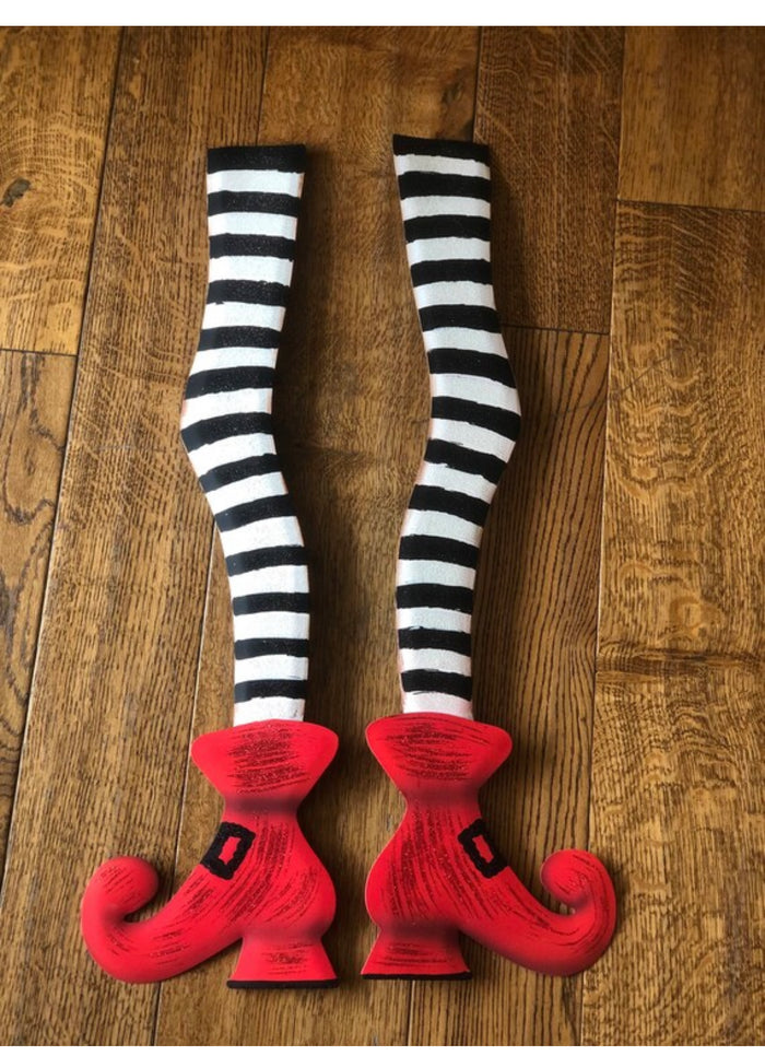 Witches Striped Black & White Metal Legs with Red Shoes Sign with Stake