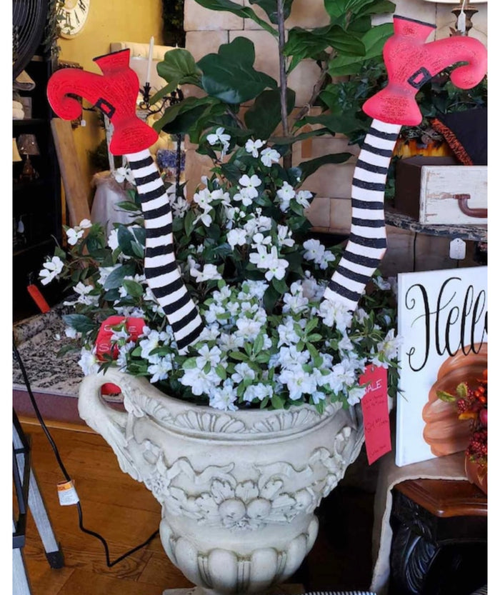 Witches Striped Black & White Metal Legs with Red Shoes Sign with Stake