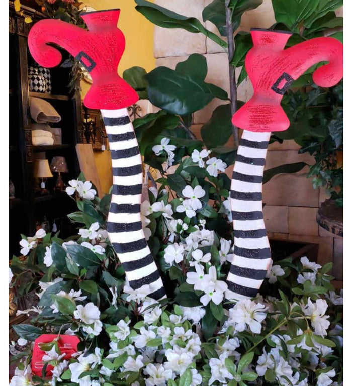 Witches Striped Black & White Metal Legs with Red Shoes Sign with Stake