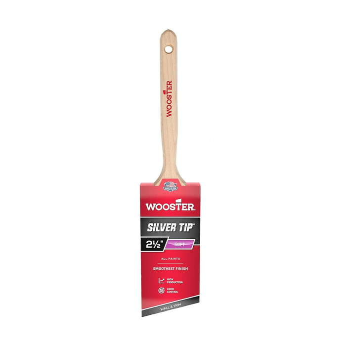 Wooster Silver Tip paint brush with wooden handle on a white background
