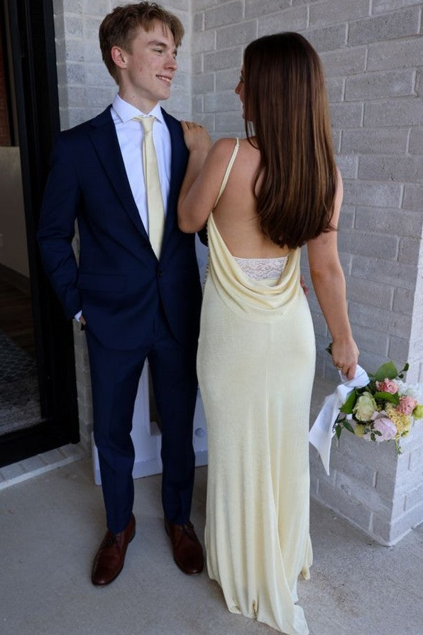 Yellow Spaghetti Straps V-Neck Backless Sleeveless Fitted Prom Dress