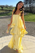 Yellow Straps A-Line Ruffles Satin Sleeveless Formal Prom Dress with Flower